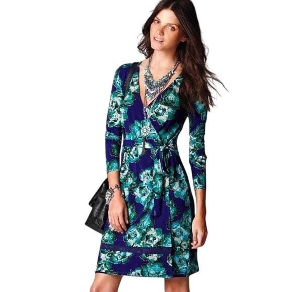 Floral Print Wrap Dress, Long Sleeve, Blue Teal Flowers Tie Waist, Casual Medium - Picture 7 of 7